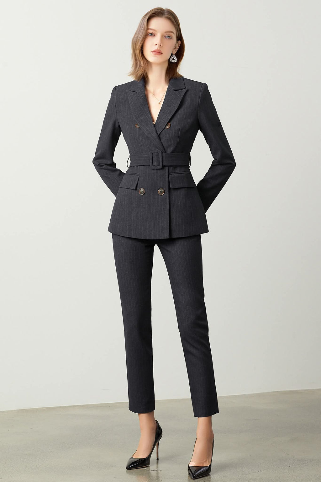 The Noir Élan Belted Stripped Suit