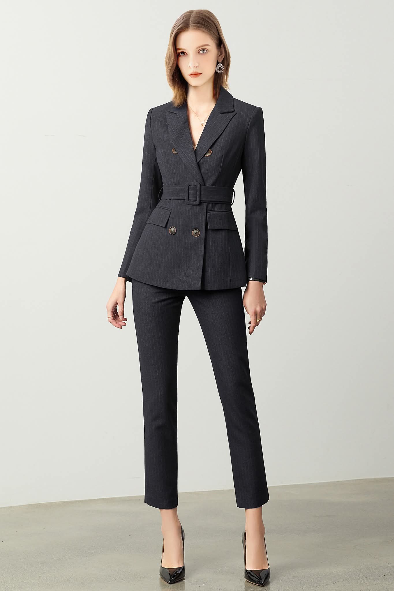 The Noir Élan Belted Stripped Suit